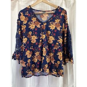BOHO‎ FLORAL EMBROIDERED Blue Brown V-Neck 3/4 Sleeves Top Size Medium